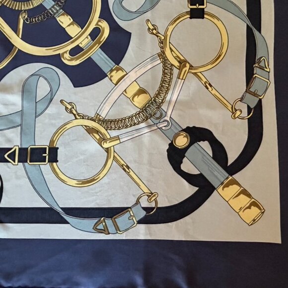 Vintage Hermes Pellier Paris Eperon d' Or Silk Scarf Blues with light Gray - Picture 11 of 16